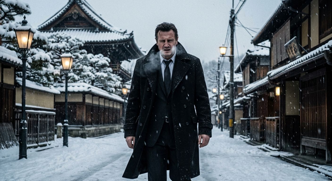 Mike walking a snow-covered old street at night