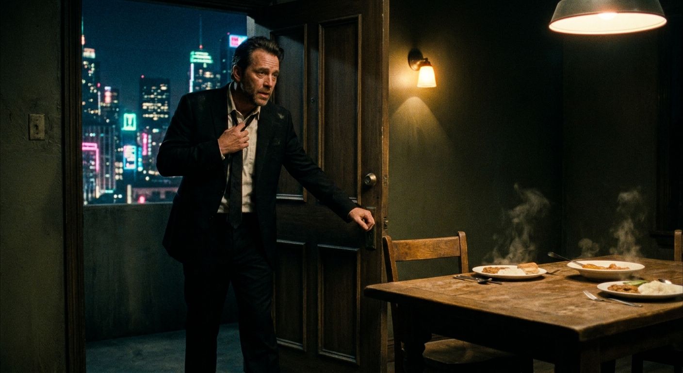 Mike pushing open a door onto a neon-lit room where a meal sits untouched
