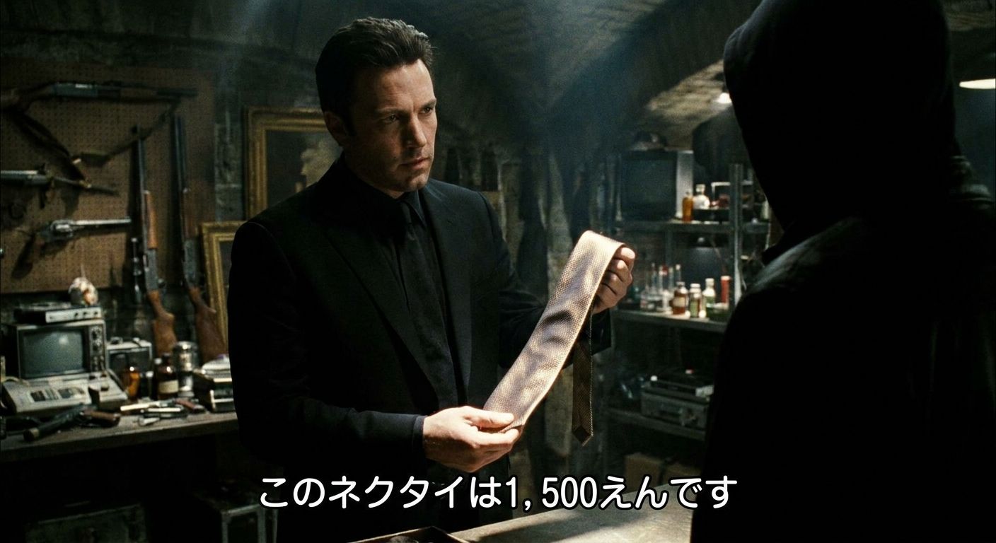 A film still from Midnight Encounter with the Japanese subtitle: このネクタイは1,500えんです