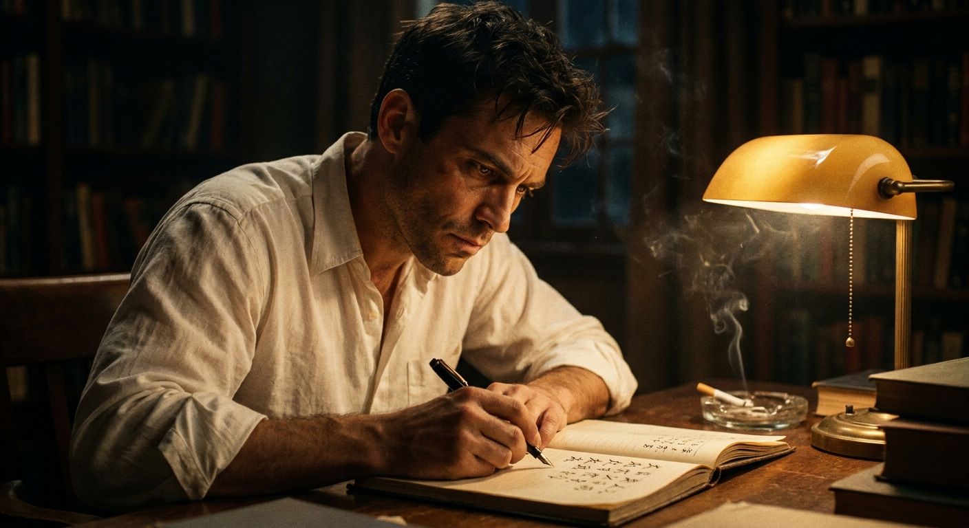 Mike writing in a notebook under a green desk lamp