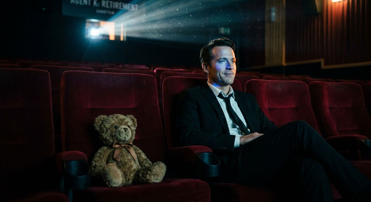 A man in a suit in a red cinema seat, a teddy bear on the seat beside him, and an empty seat