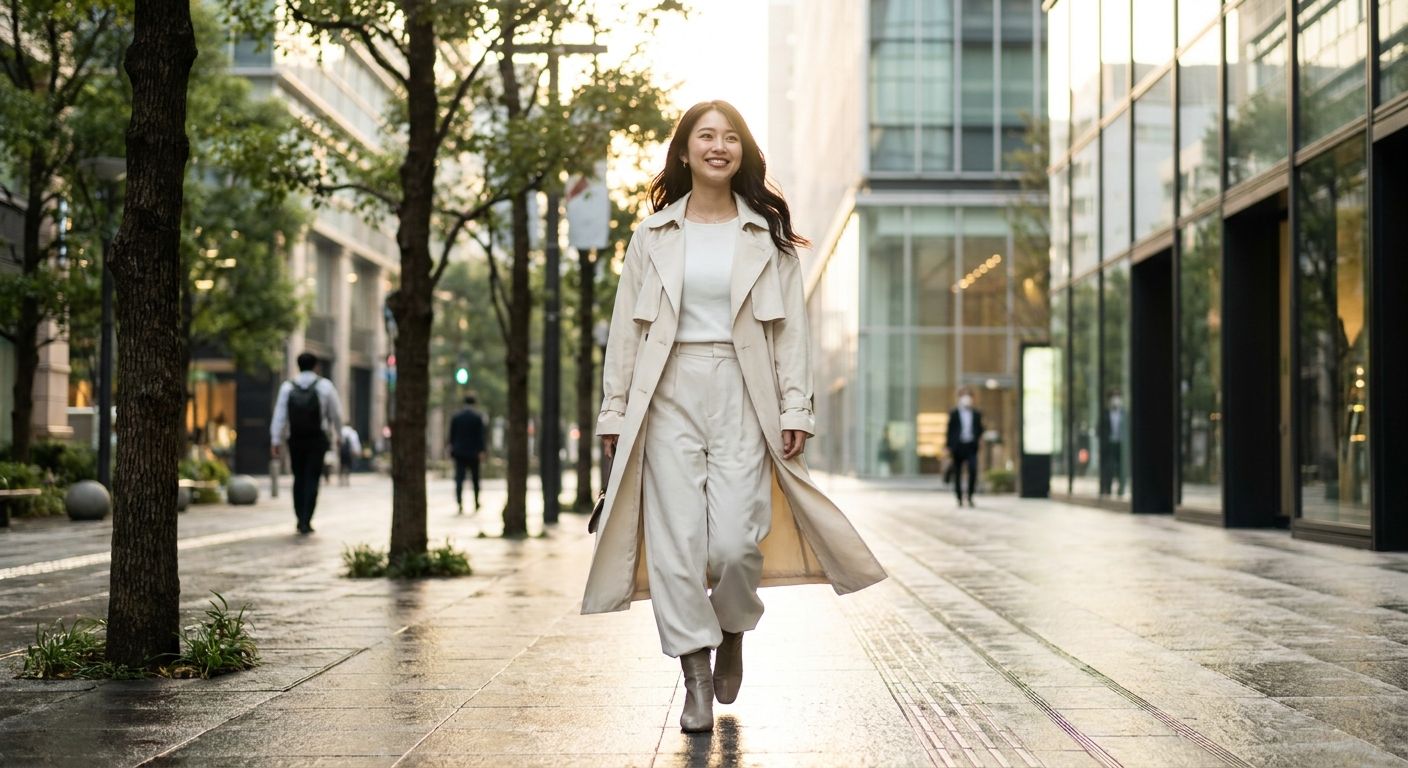 Good Morning Tokyo — a woman walking a tree-lined street in golden morning light