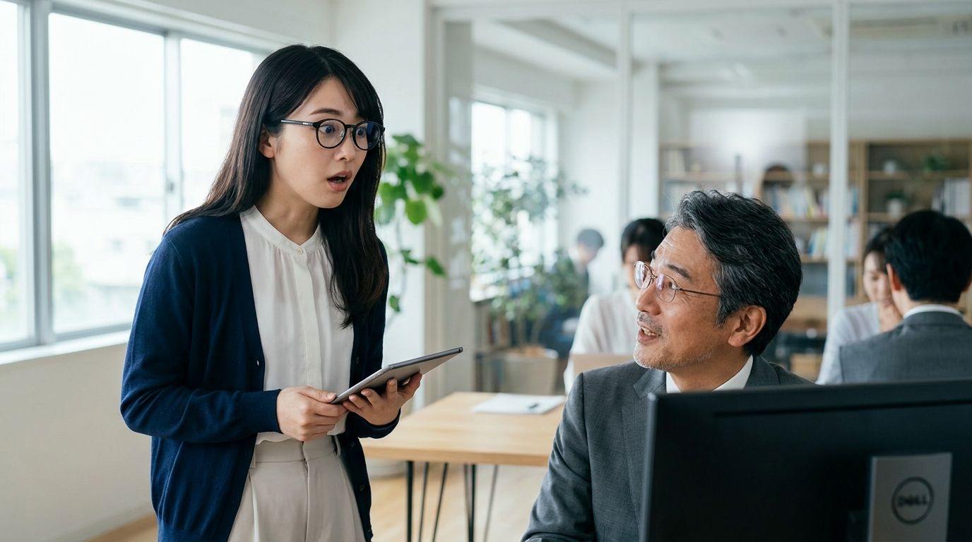 Mei at the manager's desk, the moment she is handed the project
