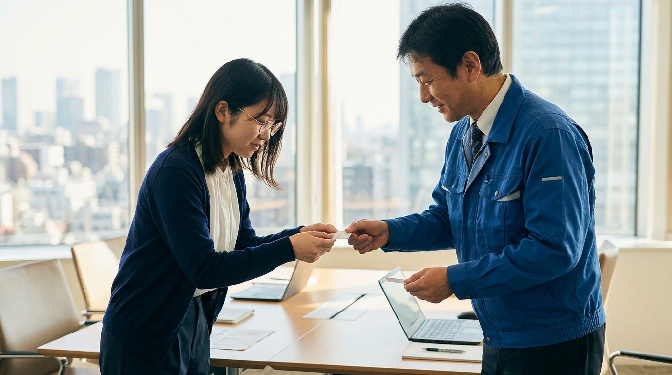 Mei and the client’s contact exchanging business cards in a bright meeting room above the city
